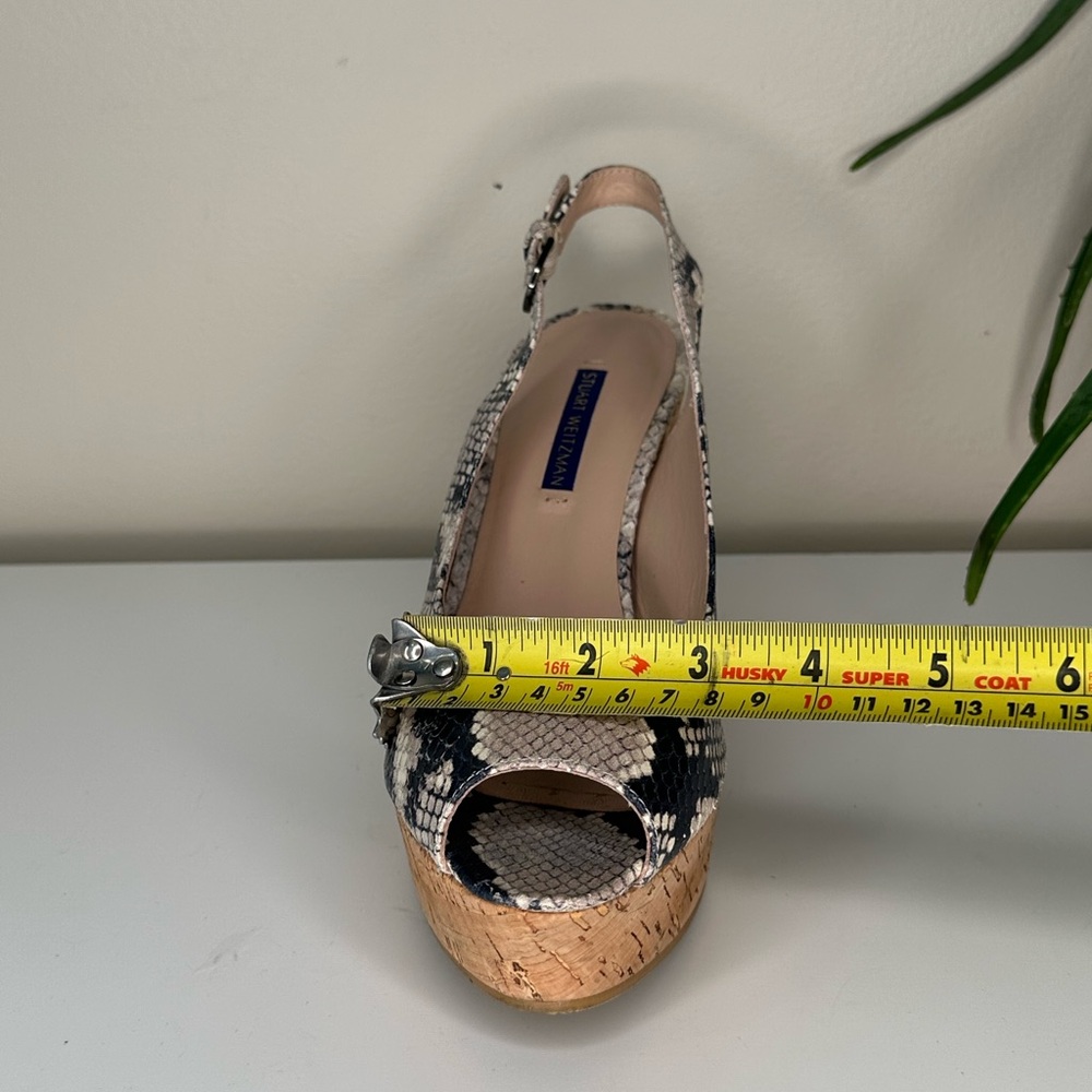 Stuart Weitzman Snakeskin Leather Cork Wedge Heels 8 | Peep Toe Slingback - Picture 11 of 13